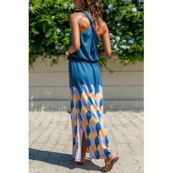 Blue Twist Hollow-out Back Long Tank Dress with Print